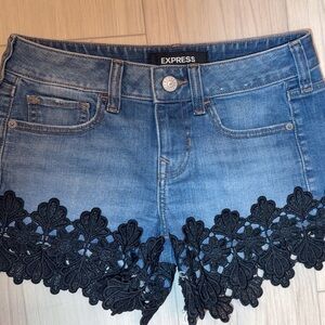 Express Blue Denim Shorts with Black Floral Lace Hem